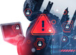 © ImageFlow - Hacker using laptop with red alert symbols and padlock icons over cityscape, digital style, futuristic background. Concept of data breach and cybercrime