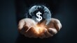 © KarpenArt Studio - a person's cupped hands cradle a glowing globe overlaid with a dollar sign, representing global finance and economic power.