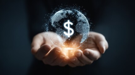 Wall Mural - a person's cupped hands cradle a glowing globe overlaid with a dollar sign, representing global finance and economic power.