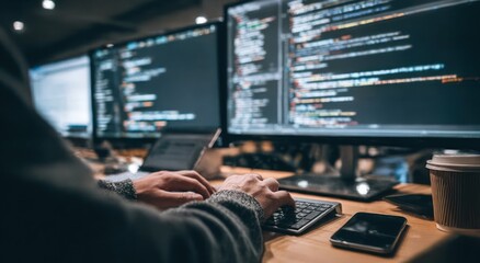 Person typing on a keyboard in front of multiple computer screens displaying code. A coffee cup and smartphone are also on the wooden desk