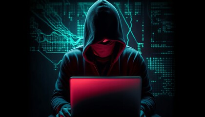 Hacker using abstract laptop with binary code digital interface , cyber war Hacking and malware concept 