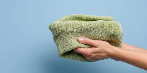 Soft green towel held by hands on blue background, showing cozy and clean fabric texture for home or spa use