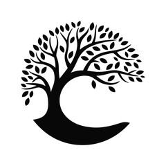 Stylized circular tree silhouette with branching leaves and root system