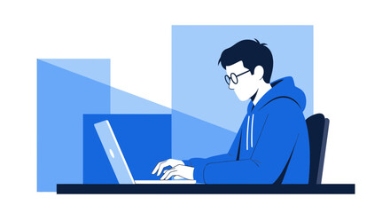 A Person Works At A Computer In A Blue Toned Office Environment Illustration