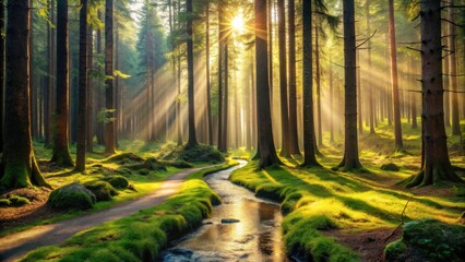  Sunbeams Illuminate a Serene Forest Path Beside a Gentle Stream, Creating a Magical and Peaceful Atmosphere