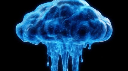 Abstract Blue Glowing Cloud with Watery Drips on Black Background.