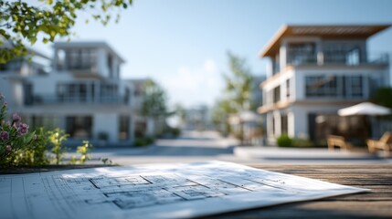 Architectural blueprint on a table with modern residential buildings in the background under a clear sky.