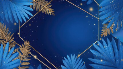 Wall Mural - Elegant Blue Background with Golden Leaves and Twinkling Stars