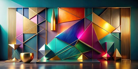 Wall Mural - abstract geometric wall art installation with gold accents and colorful triangles
