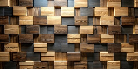 Wall Mural - Intricate Wooden Block Wall Panel A Textured Background of Varied Shades and Natural Grain
