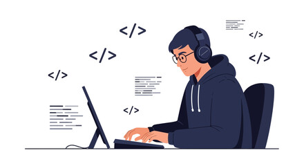 Young Man Coding on Computer with Headphones, Illustrating Technology and Programming