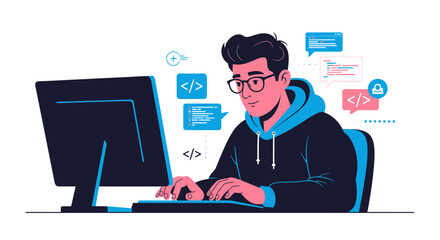Young Man Coding, Working From Home, Software Engineering, Programming, Technology Concept