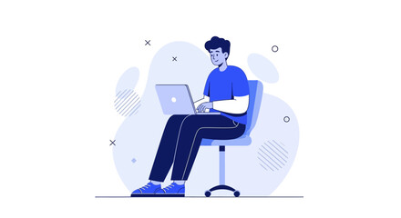 Young Man Working With Laptop Computer While Sitting On A Chair Modern Flat Illustration