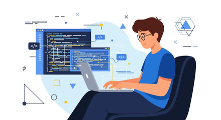 Young Person Concentrating On Coding And Programming On A Laptop In Modern Style