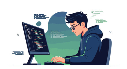 Young Professional Working on Code with Computer, Focusing on Software Development