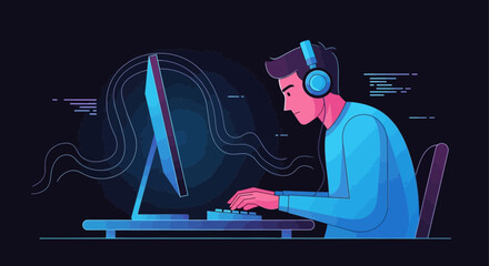 Digital Workspace Illustration: A Programmer Focused at Work, Immersed in Coding