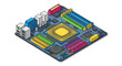 © Leo - Isometric Illustration of a Colorful Computer Motherboard with CPU and RAM Slots.