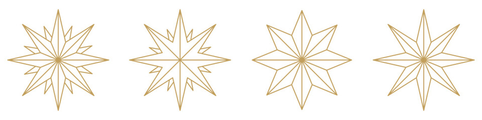 Set of golden christmas stars - geometric linear icons, isolated vector