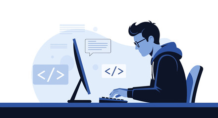 Graphic Depiction Of Software Engineer, Focused And Engaged In Coding On Computer
