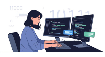 Female Programmer Working On Coding, Vector Illustration Focused Technology Development
