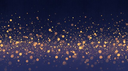 Abstract dark blue background featuring numerous golden bokeh lights scattered across the surface
