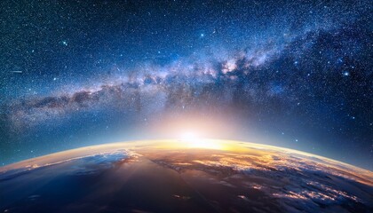 Bright Starry Sky Above Glowing Earth Horizon With Cosmic Nebula And Space Dust
