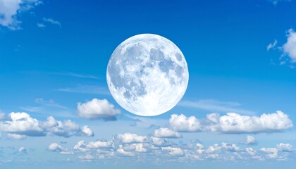 Full moon in a vibrant blue sky with scattered clouds