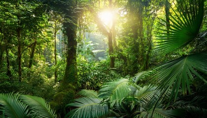 A Lush Green Jungle With A Bright Sun Shining Through The Trees