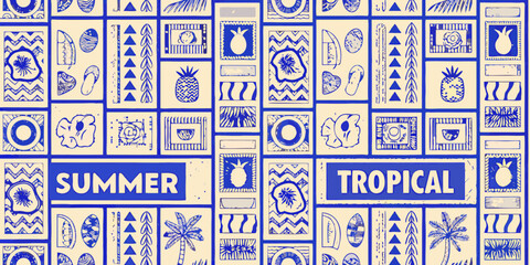 Vibrant blue and beige tropical summer pattern with pineapples and palm trees