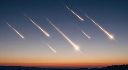 Wall Mural - A serene meteor shower with multiple shooting stars streaking in parallel across a clear twilight sky. Beautiful view of a celestial event above a dark landscape horizon.