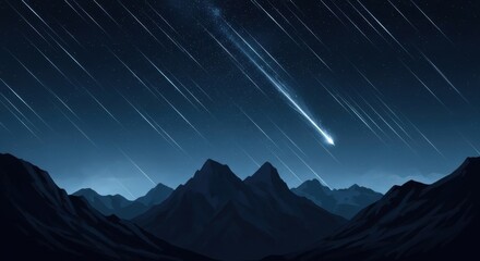 Wall Mural - A prominent shooting star leads a meteor shower over a jagged mountain silhouette. Anime-style digital art of a beautiful and peaceful night sky.