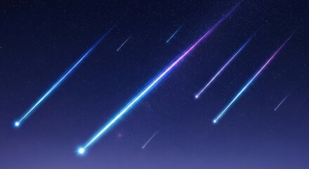 Wall Mural - A spectacular and colorful meteor shower with multiple glowing blue and magenta shooting stars streaking across a starry cosmos. A magical celestial event.