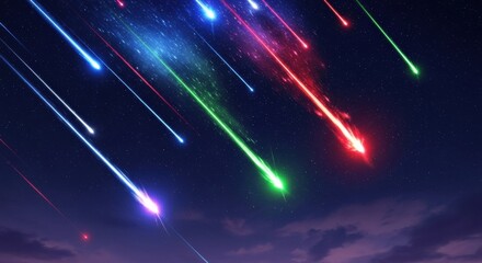 Wall Mural - A vibrant and colorful meteor shower with glowing red, green, and blue shooting stars. A beautiful and magical celestial event against a starry night sky.