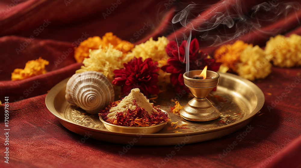 Stock-Foto „Traditional Hindu puja thali with lit oil lamp (diya ...