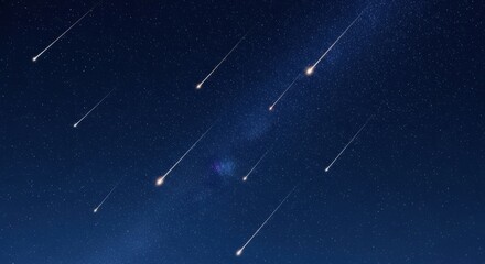 Wall Mural - A beautiful meteor shower with multiple shooting stars streaking across a deep blue night sky with the faint glow of the Milky Way.