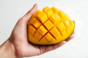 Wall Mural - Hand Holds a Cubed Cut Mango Slice on a White Background with Bright Lighting