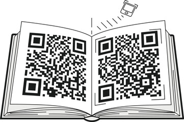 Open book with QR codes being scanned by a smartphone illustration