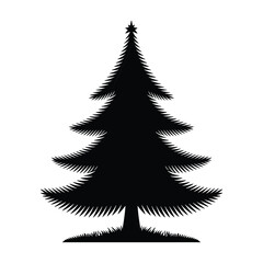 Black silhouette of a detailed evergreen pine tree with textured branches on white background silhouette