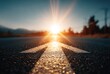 © mockup - Asphalt road leads into the distance with a bright sunburst above, guiding the eye with a white arrow pointing upward and forward