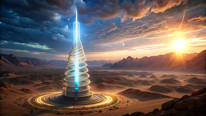 Wall Mural - Illustration of glowing renewable energy spiral tower in futuristic sustainable city