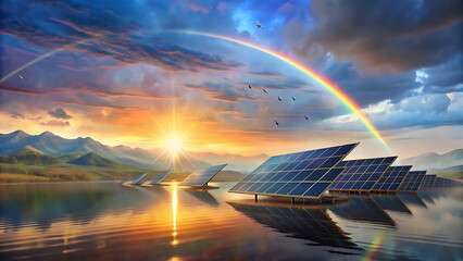 illustration of massive floating solar fields on cosmic futuristic clean energy ocean