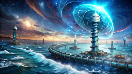 Wall Mural - Illustration of surreal glowing ocean spiral farms futuristic renewable energy design