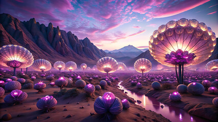 Wall Mural - Surreal eco illustration of desert canyon filled with futuristic wind energy