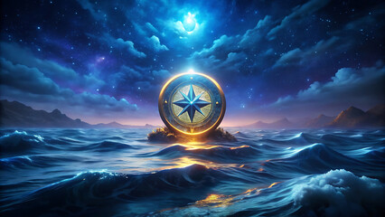 Wall Mural - Surreal glowing compass floating above ocean waves futuristic navigation