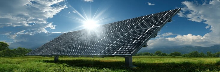 Solar panel array gleams under a bright sun, set against a backdrop of a grassy field, trees, and a blue sky with fluffy white clouds