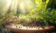 © Robiul Haque - Fresh Herbs and Peppercorns on Rustic Wooden Board in Sunlight. Generative With Ai