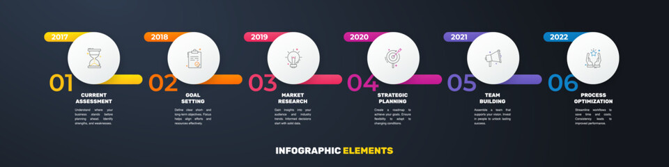 Modern and simple flat vector illustration. Infographic template with six circles, elements, sectors and percentages. Designed for business, presentations, web design, interface 6 step diagrams