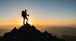© Saeed - Silhouette of Hikers Climbing Mountain at Sunrise, Silhouetted image of three hikers trekking uphill at sunrise, carrying backpacks and walking sticks