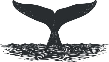 Wall Mural - Illustration of a whale tail emerging from ocean waves in a stylized design.