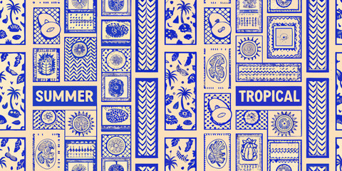  Vibrant blue and beige tropical summer pattern with palm trees and sun motifs
